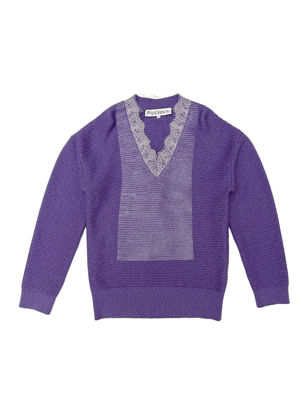 Purple V-Neck Lace Trim Sweater