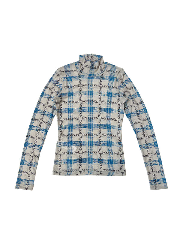 "Logo Grid Check"Print-Sheer Long Sleeve Top